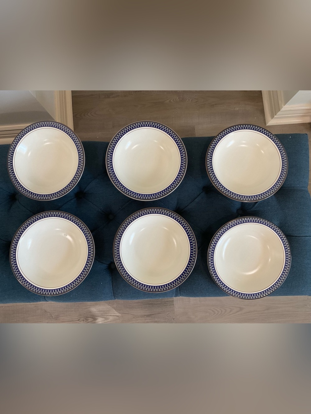 Set of 6 Mikasa Potter's Touch 8 1/4" AZTEC BLUE Rimmed Soup/Pasta Bowls EUC